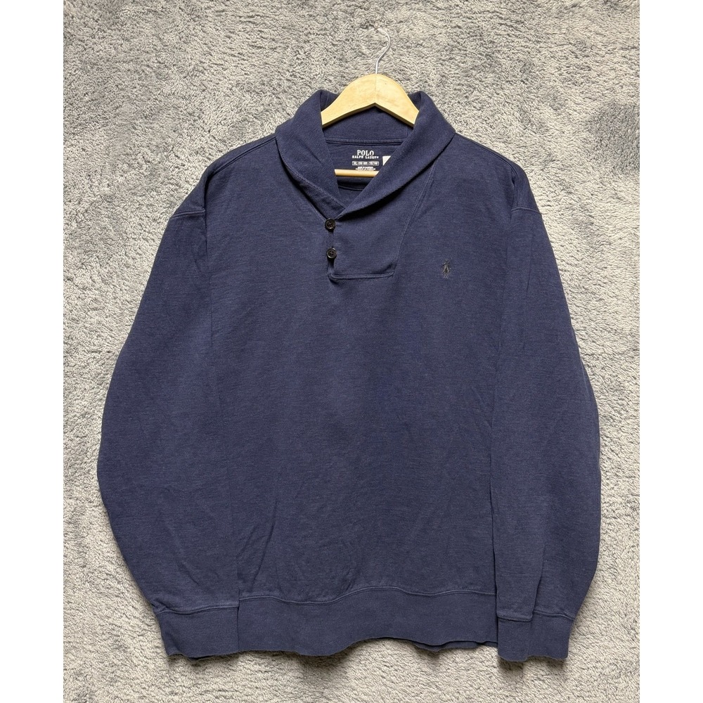 Polo Ralph Lauren Sweater Mens 2XL Shawl Collar Heather Blue Cotton Stretch Pony